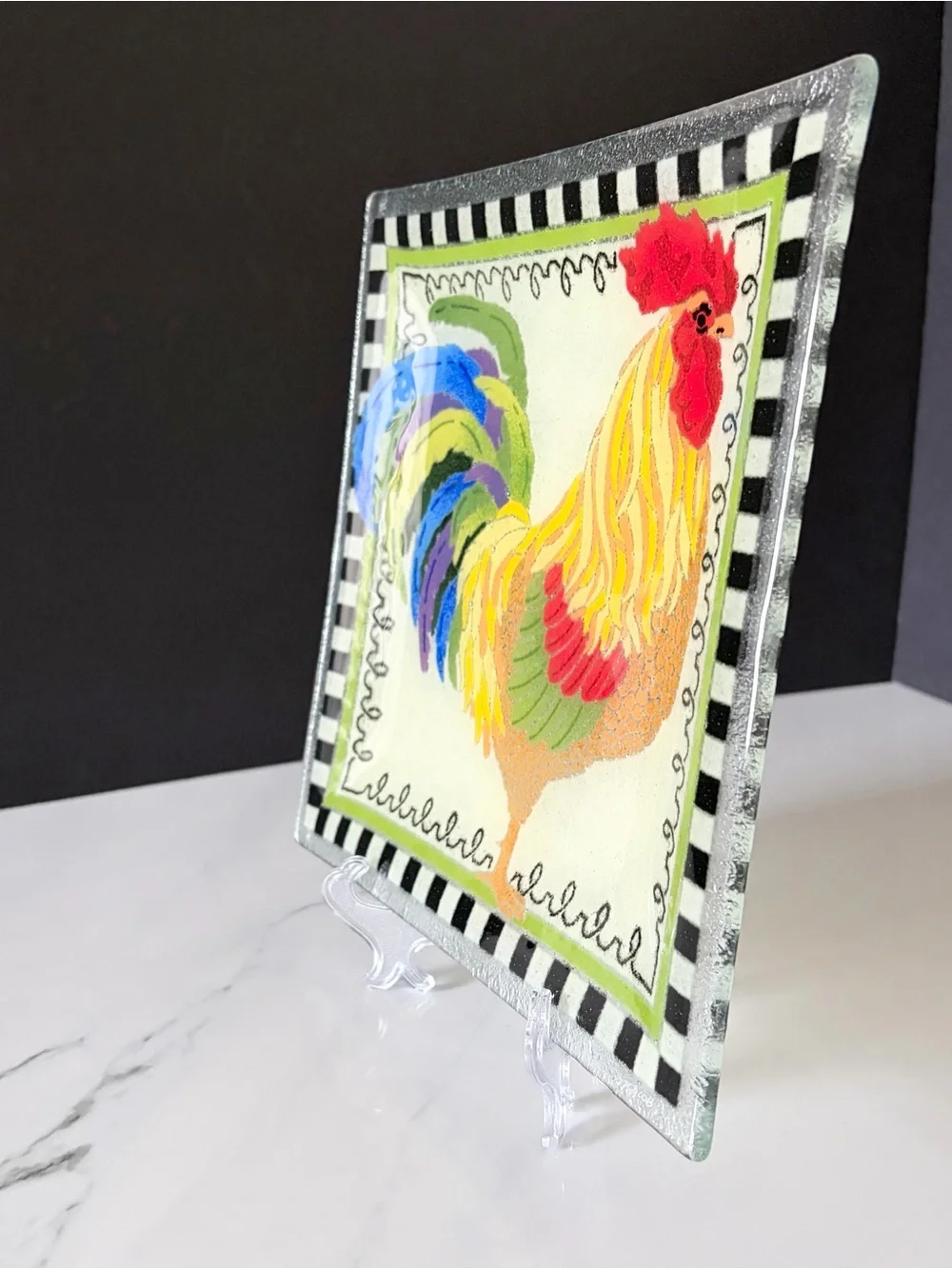 Square Rooster Plate with Black & White Checked Pattern by Peggy Karr